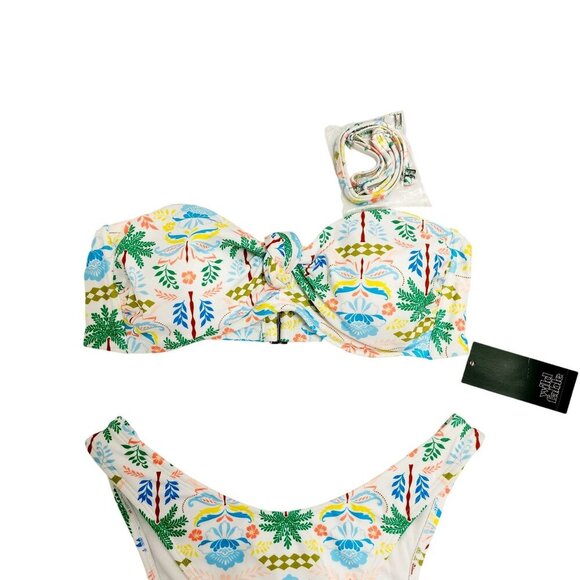 Tropical Floral Print Bandeau Bikini Set Womens Hair Tie Size M - Picture 5 of 7
